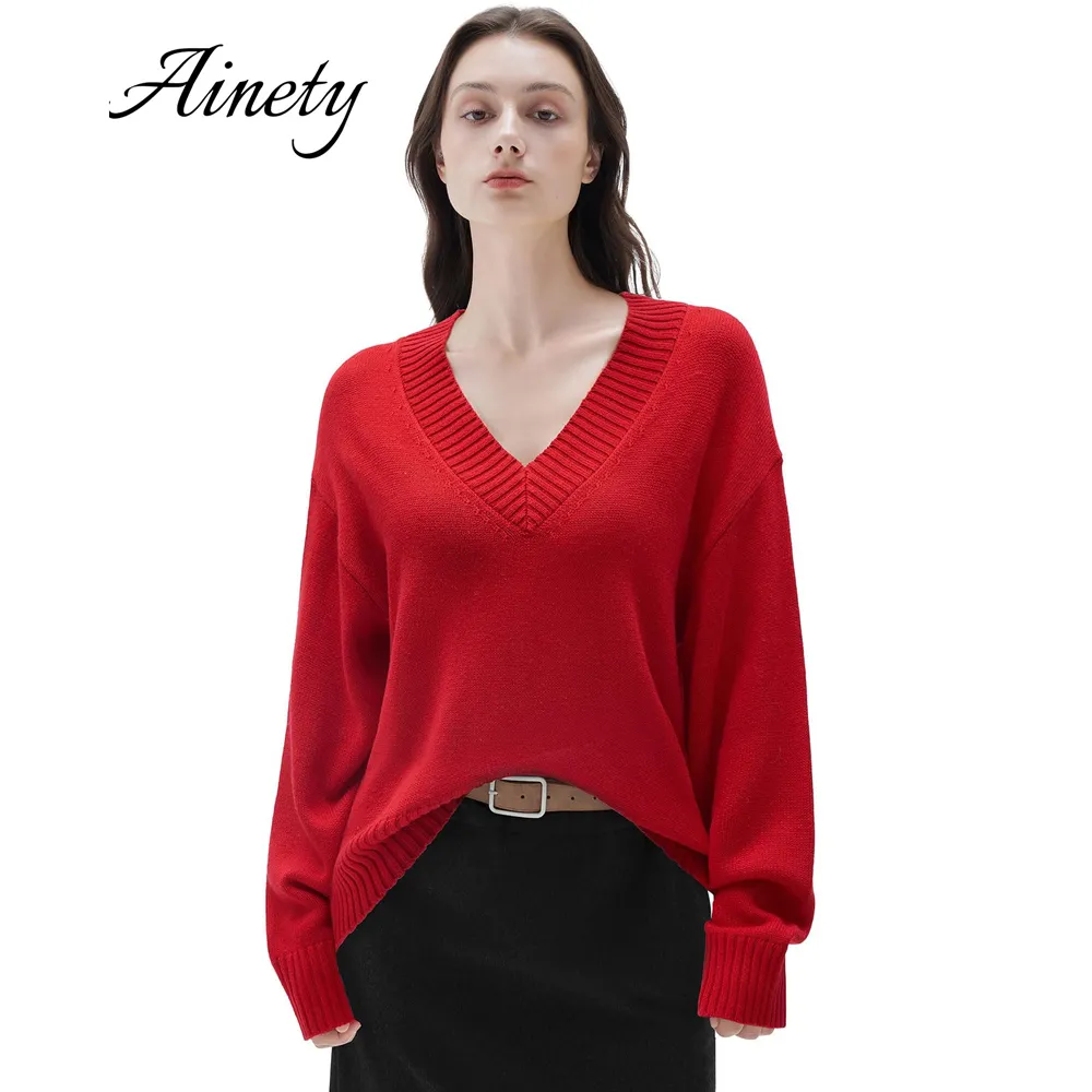 Classic Ladies Sweater Cashmere Blend Pullover Sweater V Neck Knitted Sweater Clothing
