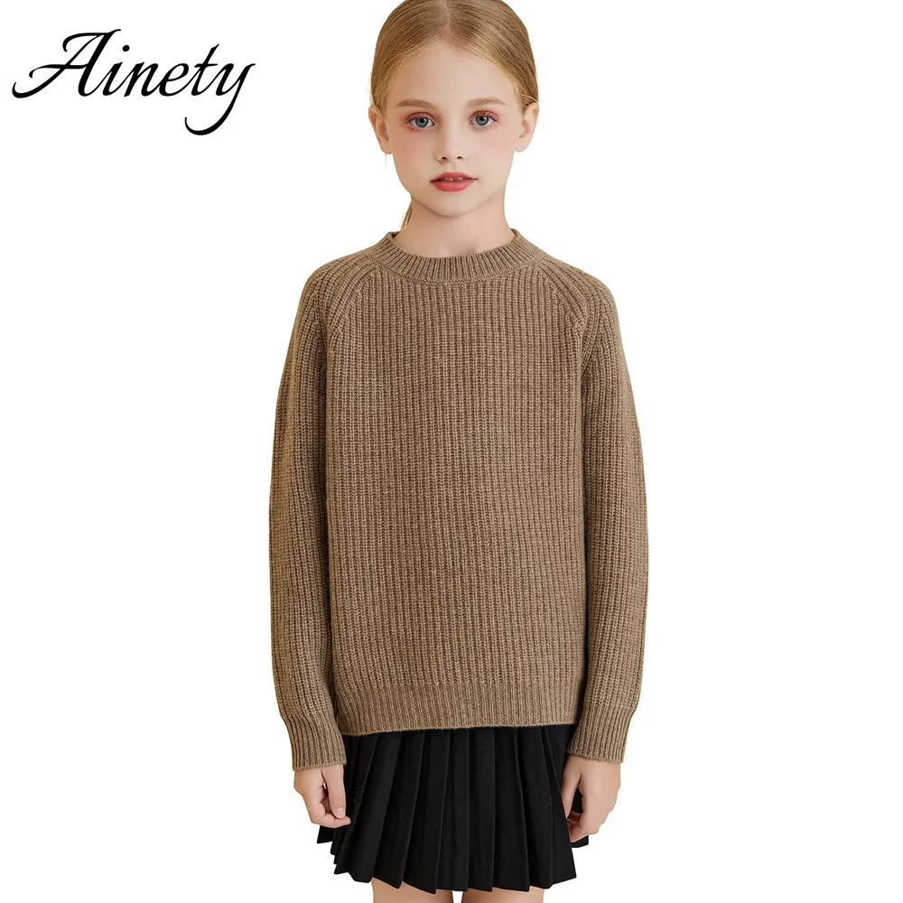 Kids Knitted Sweater 100% Wool Ribbed Pullover Crew Neck Long Sleeve Garment