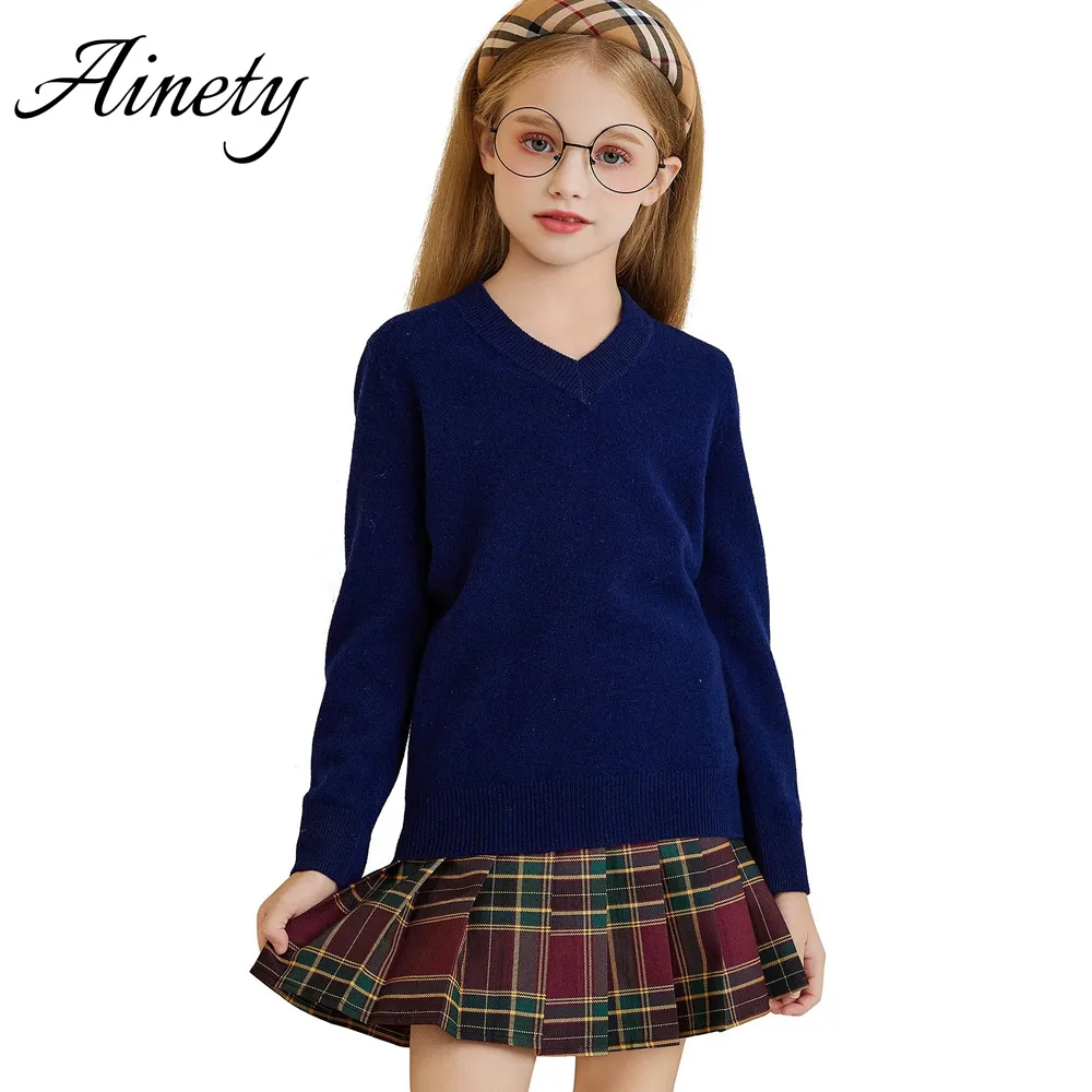 Classic Girls Wool Sweater Knitted Sweater School Style V Neck Pullover Garment