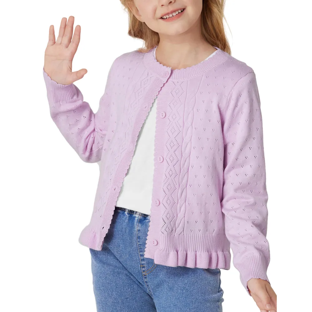 Kids Sweater Knitted Cotton Sweater Cardigan Button Front Ruffle Hem