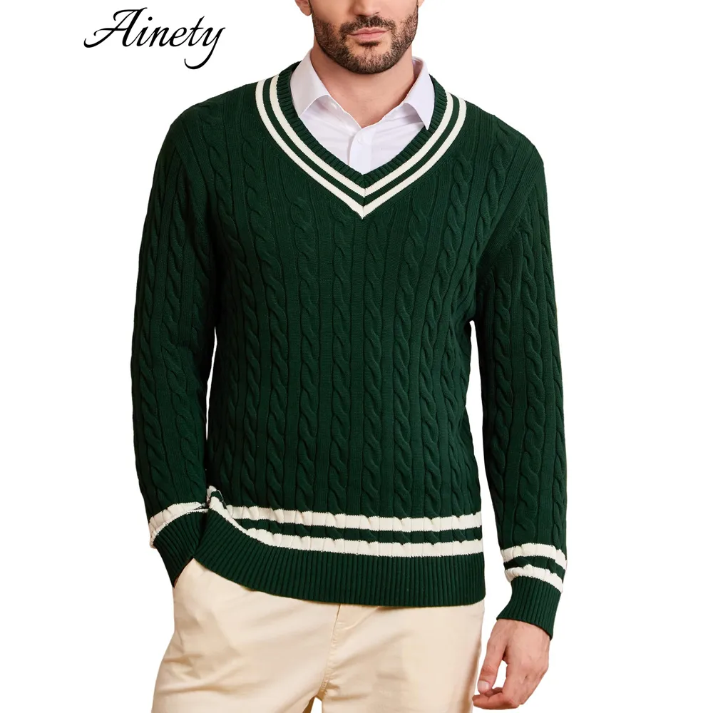 Premium Quality Men Knitwear Pure Cotton Sweater V Neck Cable Knit Preppy Style