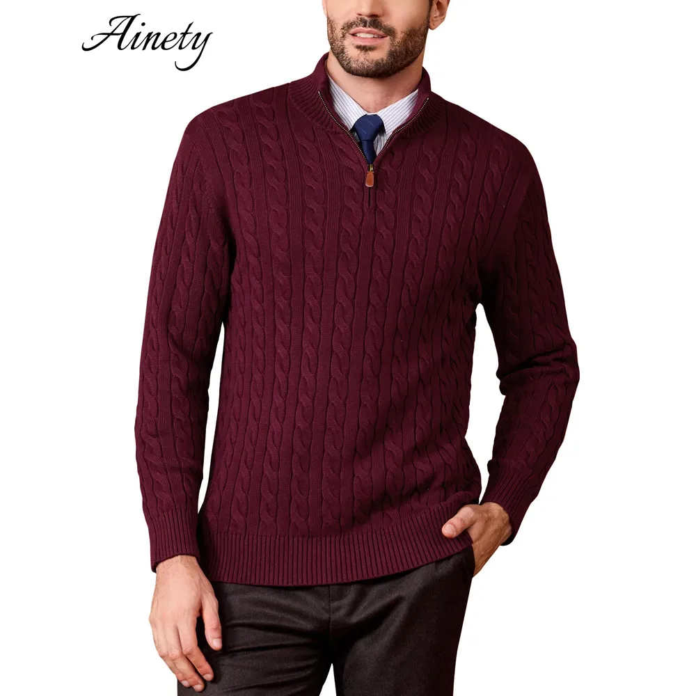 Premium Men Knitwear Cotton Sweater Cable Knit Quarter Zip Fashion Clothes Business Style