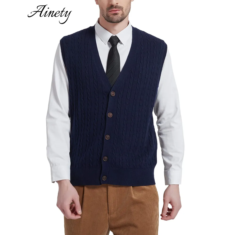 Men Clothing Cable Knit Sweater Vest V Neck Sleeveless Cardigan