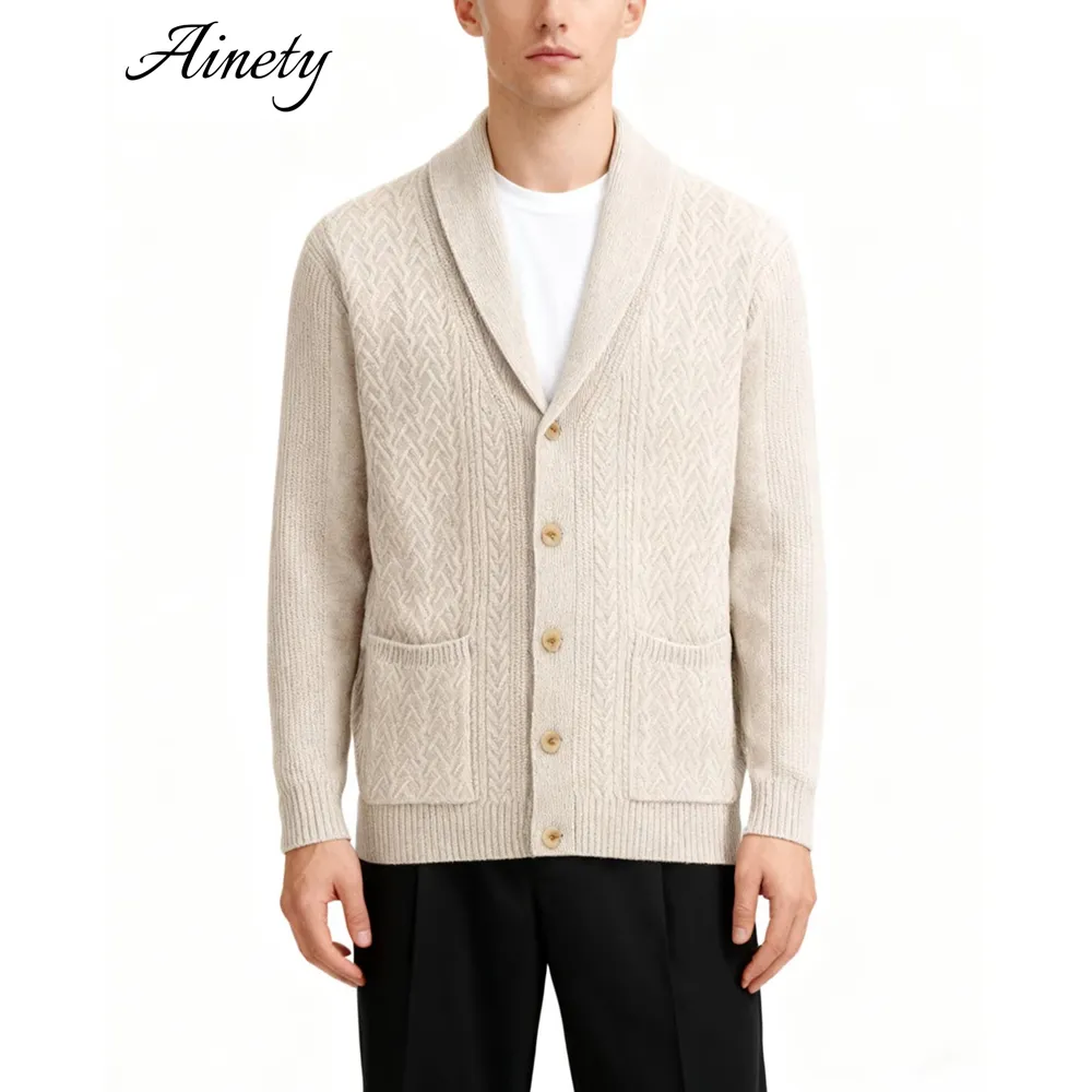 Men Sweater 100% Cashmere Cardigan Sweater Shawl Collar Cable Knit