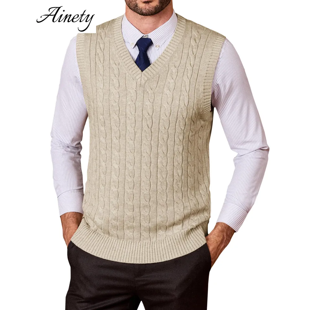 Customizable Wool Sweater Vest Blend Cable Knit V Neck Sleeveless Pullover Knitwear