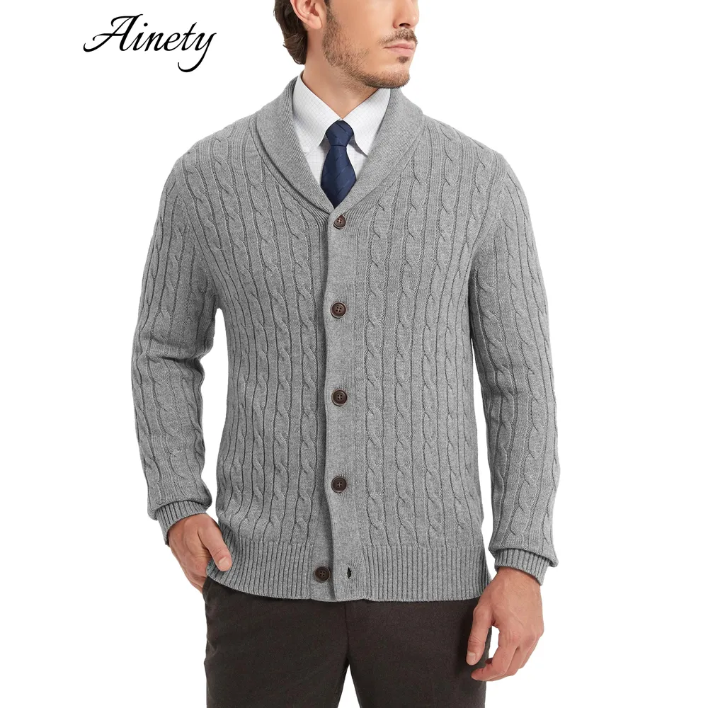 Men Sweater Wool Cardigan Sweater Cable Knit Shawl Collar Fashion Clothes