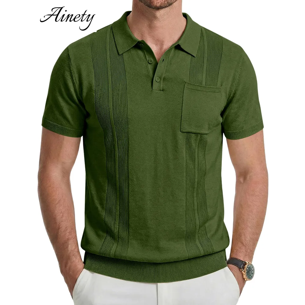 Premium Quality Men Clothing Textured Knit Polo Shirt Short Sleeve V Neck Summer Apparel