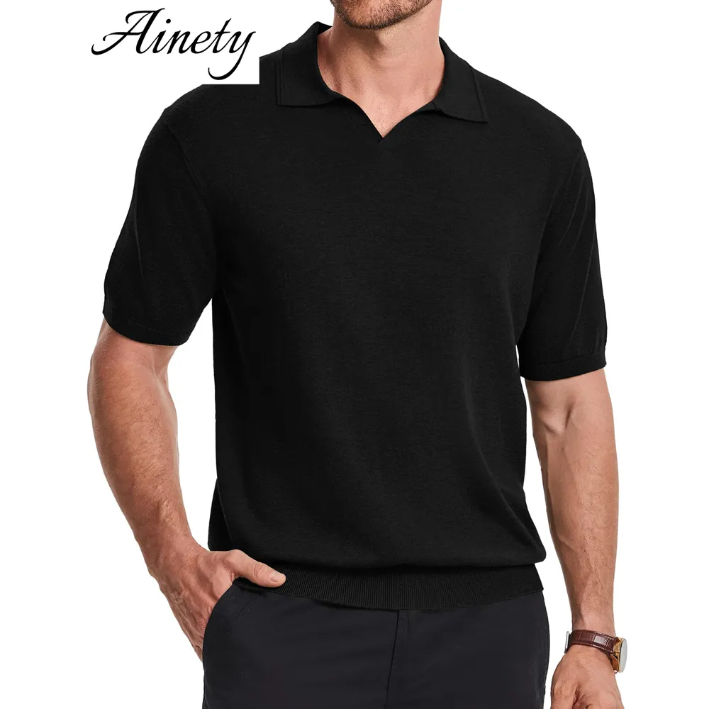Classic Men Wool Sweater Clothing Wool Blend Knitwear Short Sleeve V Neck Polo Shirt Garment Apparel