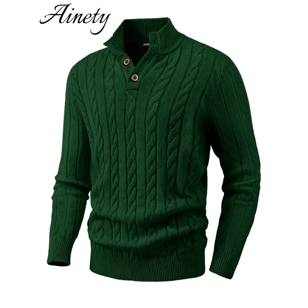 Cozy Men Wool Sweater Blend Cable Knit Pullover Sweater Long Sleeve Stand Collar