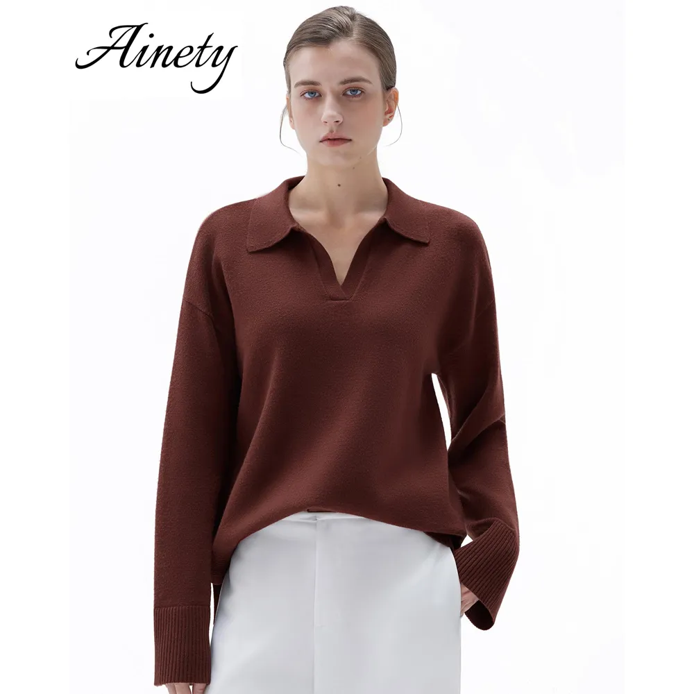 Wholesale Cashmere Sweater Women's Oversized V Neck Collared Knitted Pullover Winter Wear