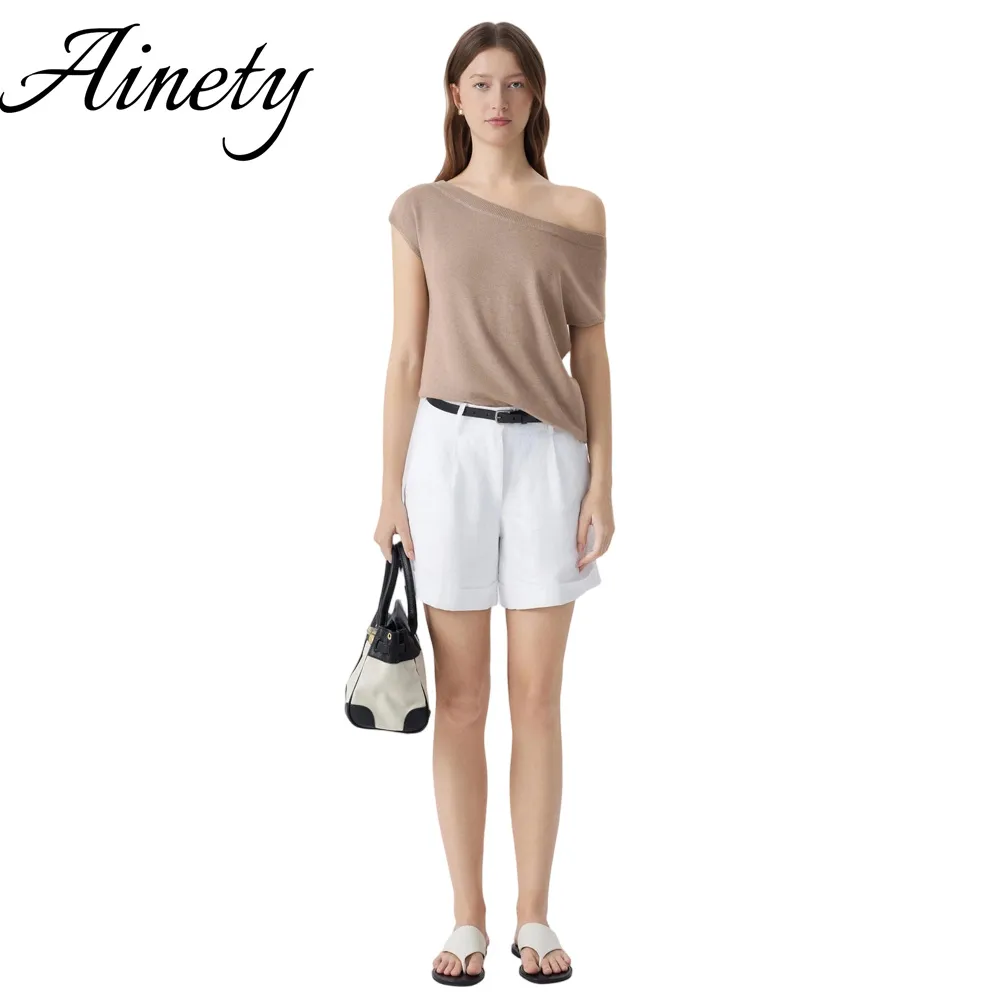 Women Clothing Silk Cashmere Blend Off Shoulder Lightweight Knitted Sweater Summer Knitwear Garment