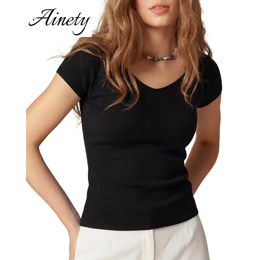 Basic Sweatshirt Women's Sweater Silk Cashmere Blend V Neck Short Sleeve Pullover Knitwear