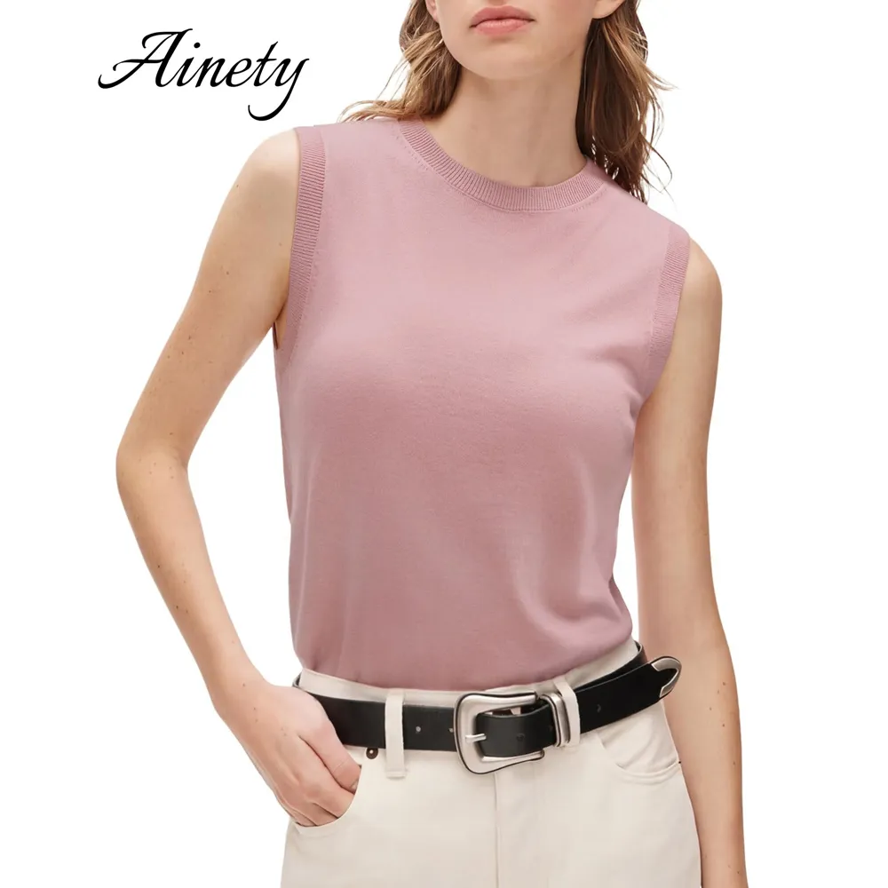 Summer Women's Silk Blend Cashmere Sweater Crew Neck Sleeveless Knitted Sweater Tanktop Garment