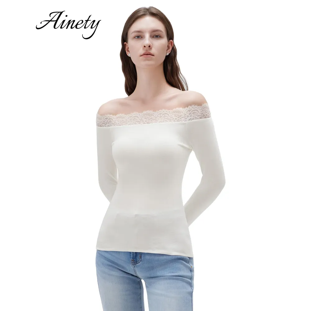 Customizable Women's Sweater Cashmere Lace Off Shoulder Long Sleeve Knitwear Top