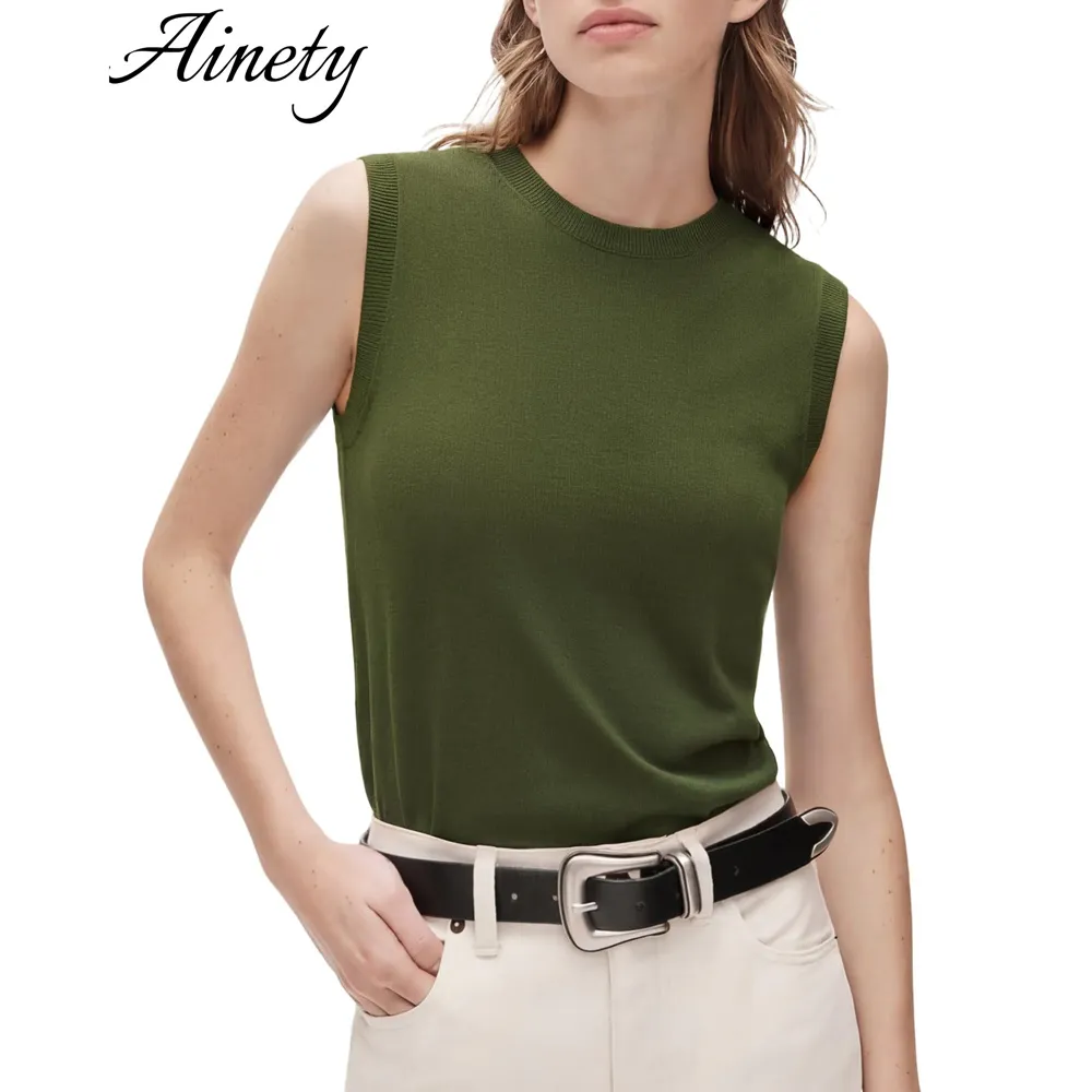 Women Silk Cashmere Blend Crew Neck Sweater Vests Sleeveless Tank Tops