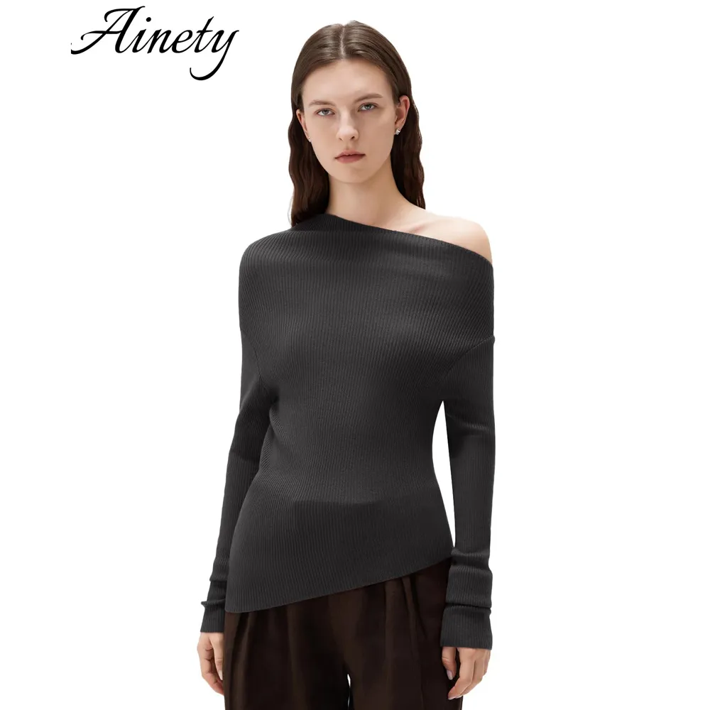 Comfortable Knit Women's Sweater Cashmere One Shoulder Pullover Knitwear