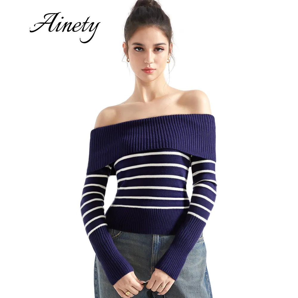 Women's Fashion Wholesale Off Shoulder Ribbed Knitted Sweater Long Sleeve Women Knitwear Garment Clothing