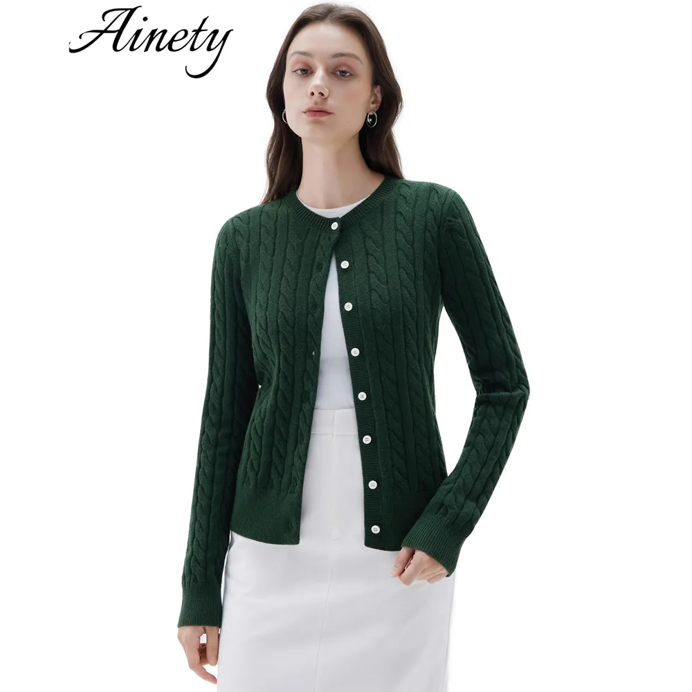 Women Cable Knit Cashmere Blend Sweaters Crew Neck Button Up Cardigan