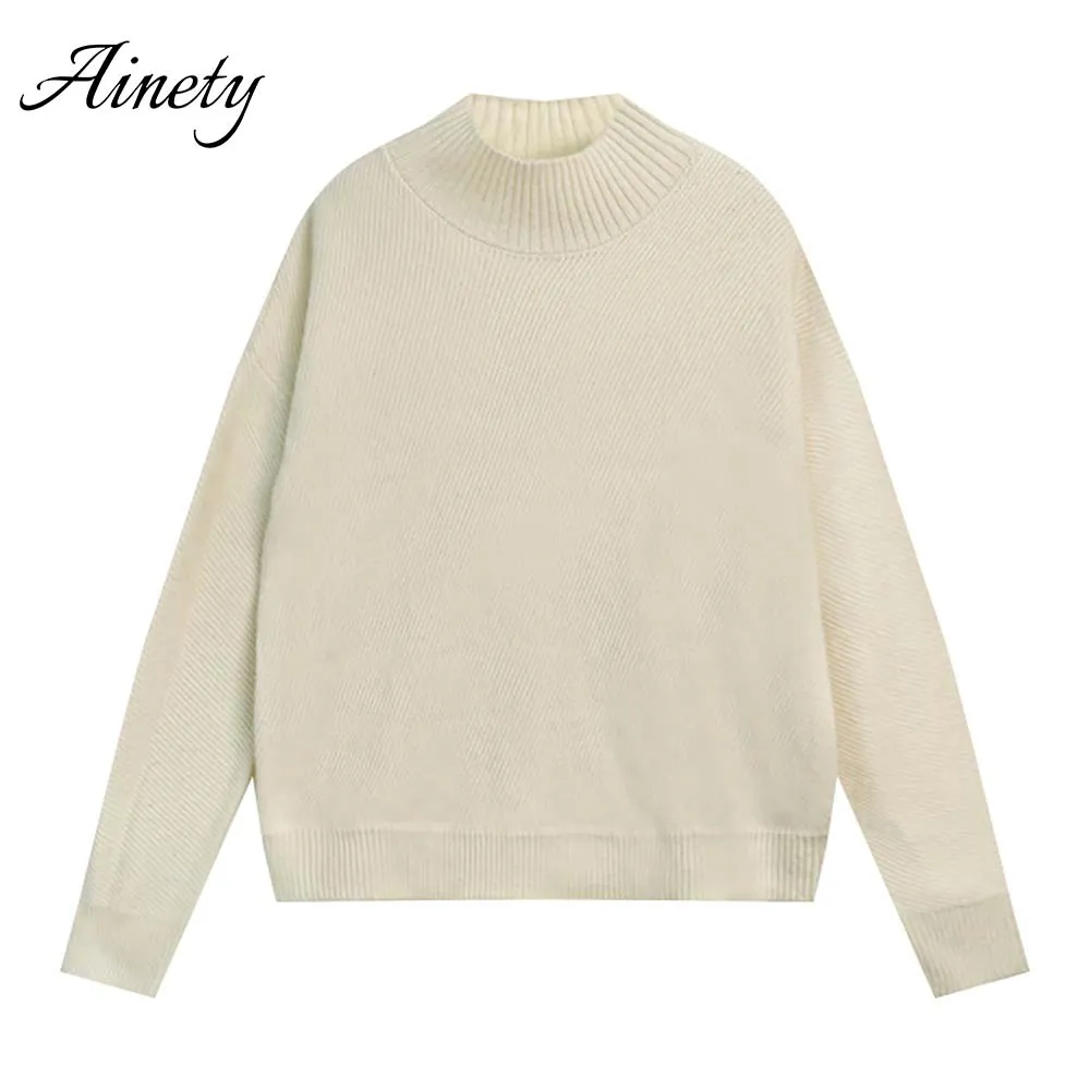 Elegant Knitwear Women 100% Cashmere Sweater Mock Neck Ribbed Long Sleeve Pullover