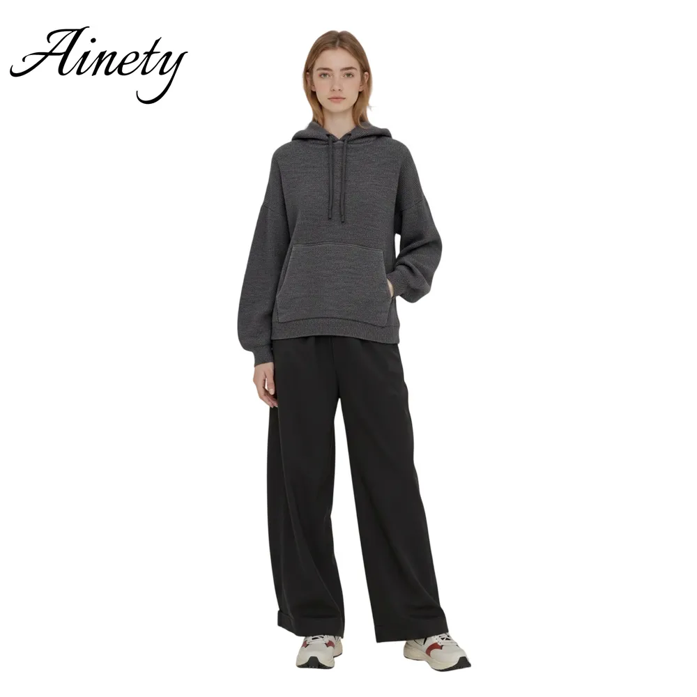 Chic Knitwear Women 100% Cashmere Hooded Sweater Long Sleeve Pocket Pullover