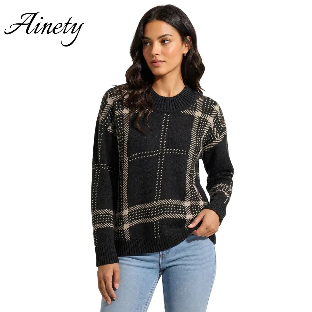 Direct Factory Knitwear Women 100% Cashmere Plaid Jacquard Mock Neck Winter Sweater