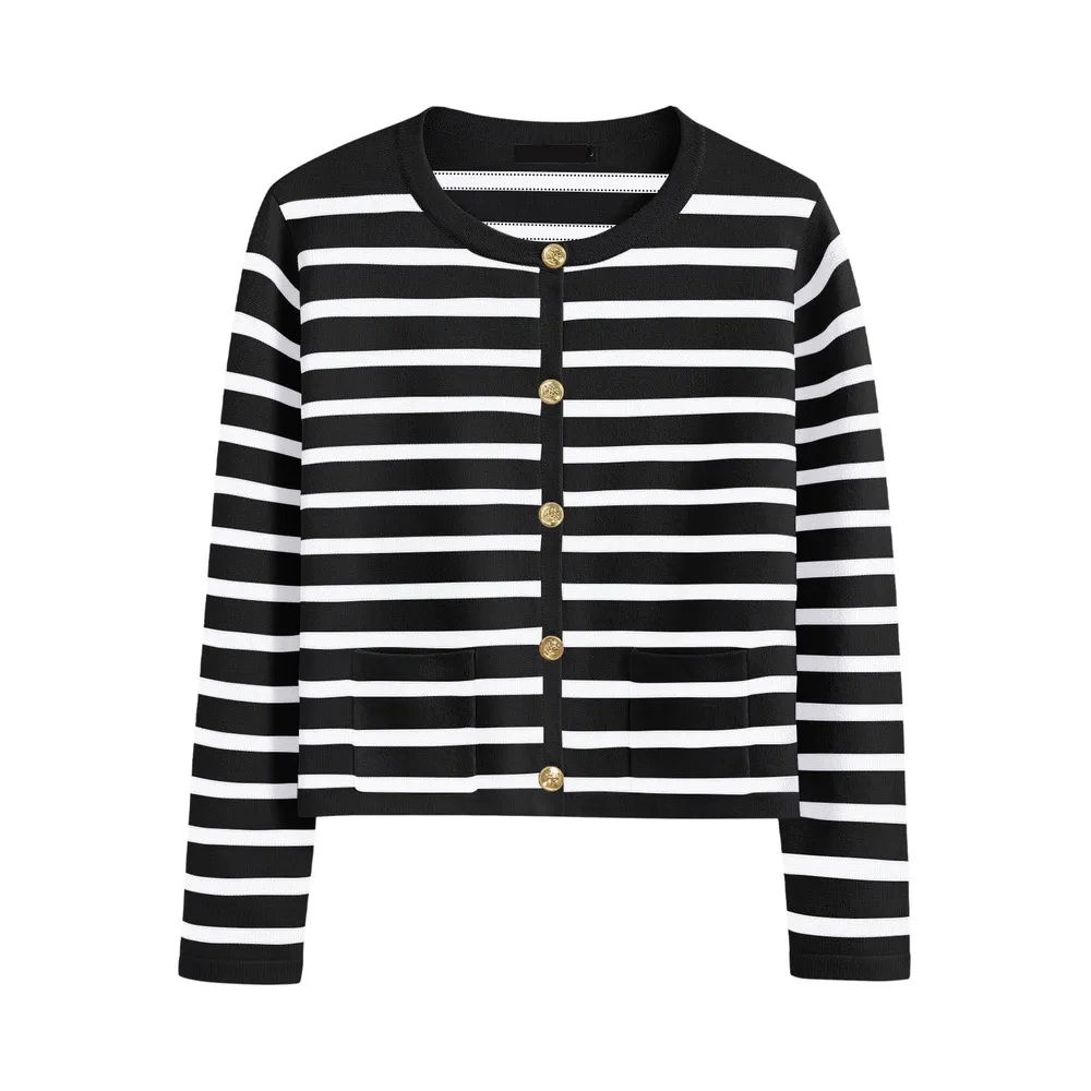 Classic Ladies Sweater Striped Crew Neck Gold Button Cropped Cardigan Jacket