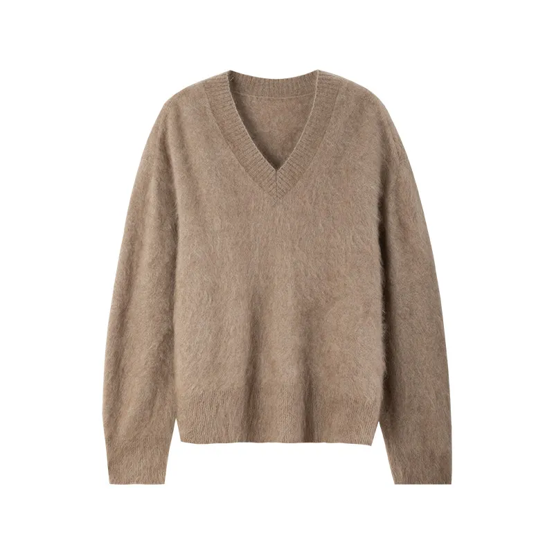 Women’s Fashion Cashmere Sweater Thick Relaxed Fit V Neck Knitted Top
