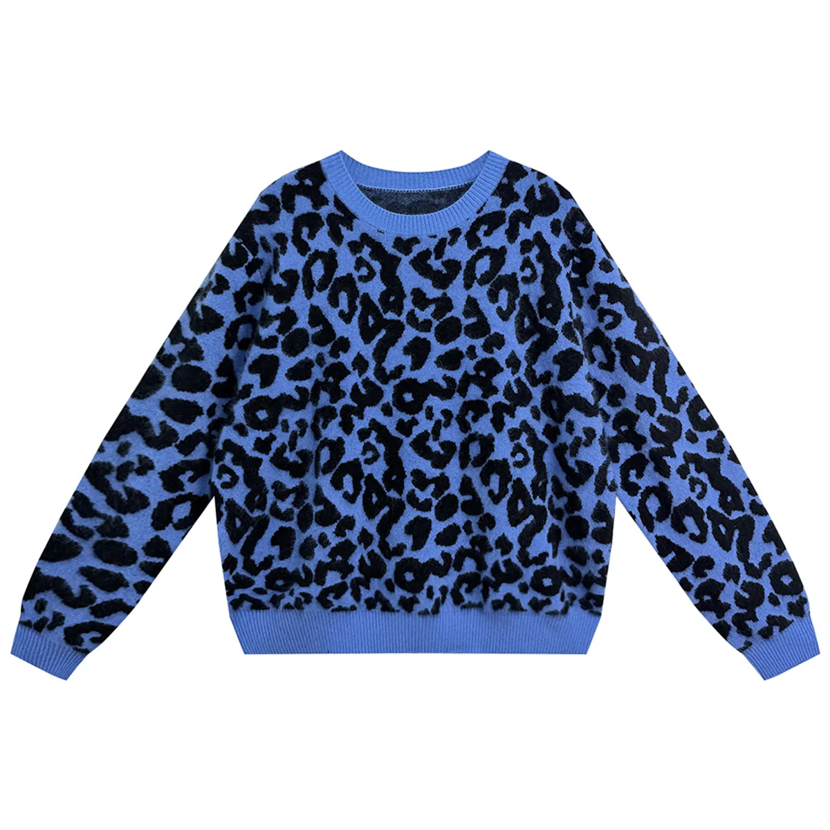 Cozy Ladies Sweater Oversized Leopard Jacquard Long Sleeve Knitwear for Winter