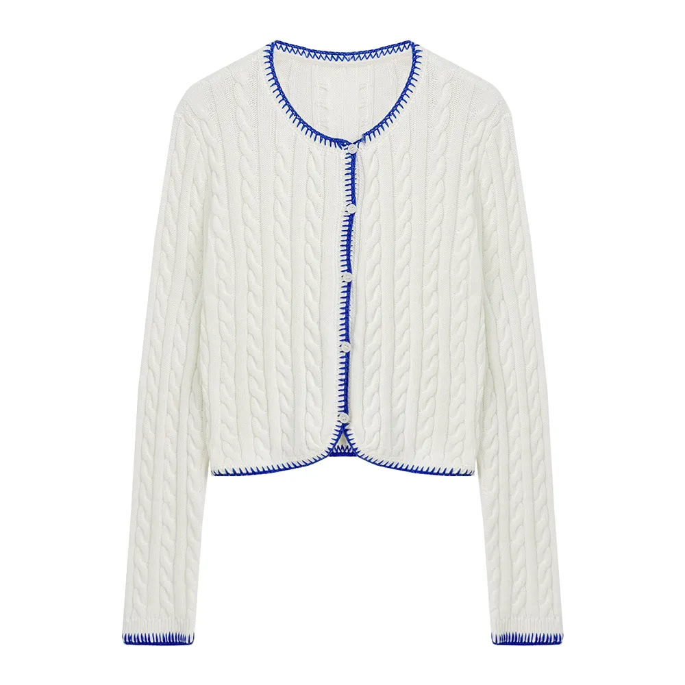 Women's Knitwear Cable Knit Cardigan Round Neck Contrast Trim Button Front