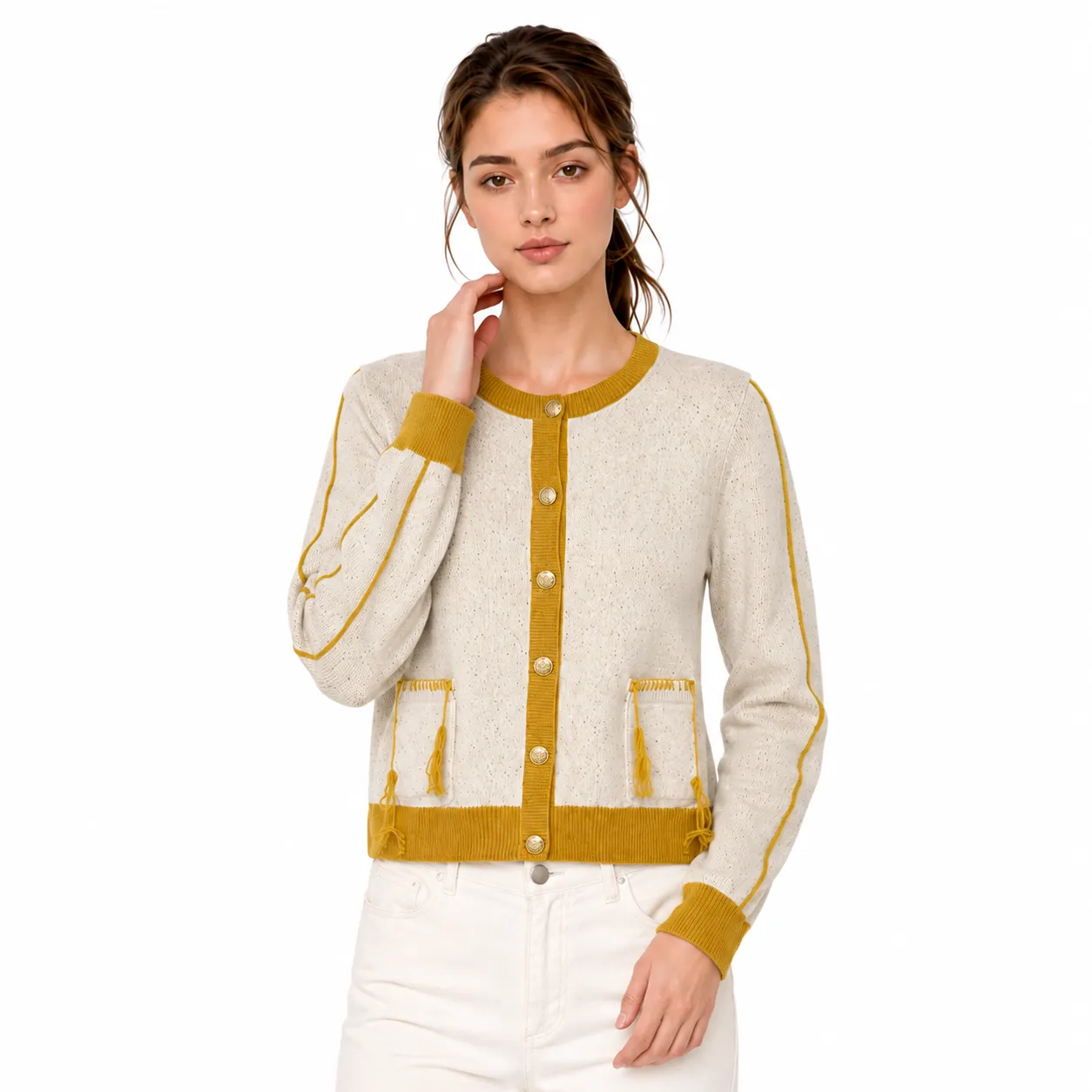 Women's Fashion Wholesale Contrast Trim Button Cardigan Round Neck Knitwear with Pockets