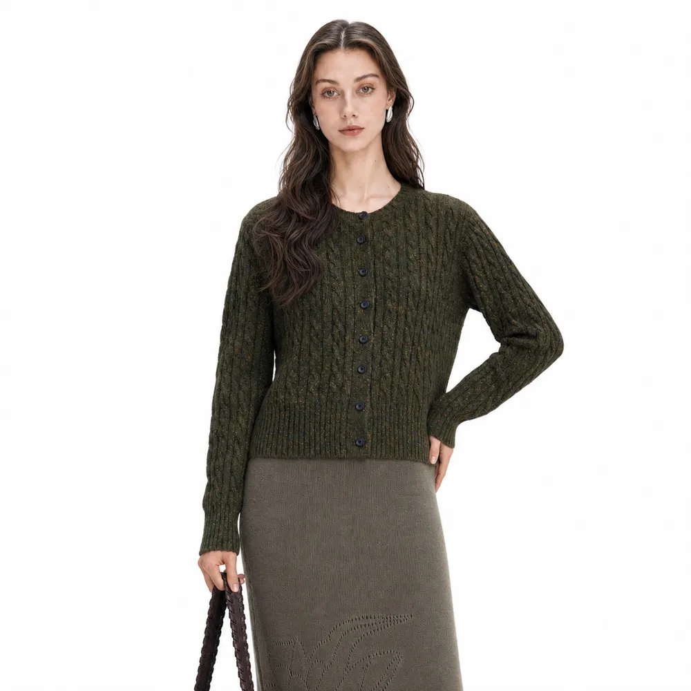Women's Cable Knit Cardigan Crew Neck Button Front Long Sleeve Sweater