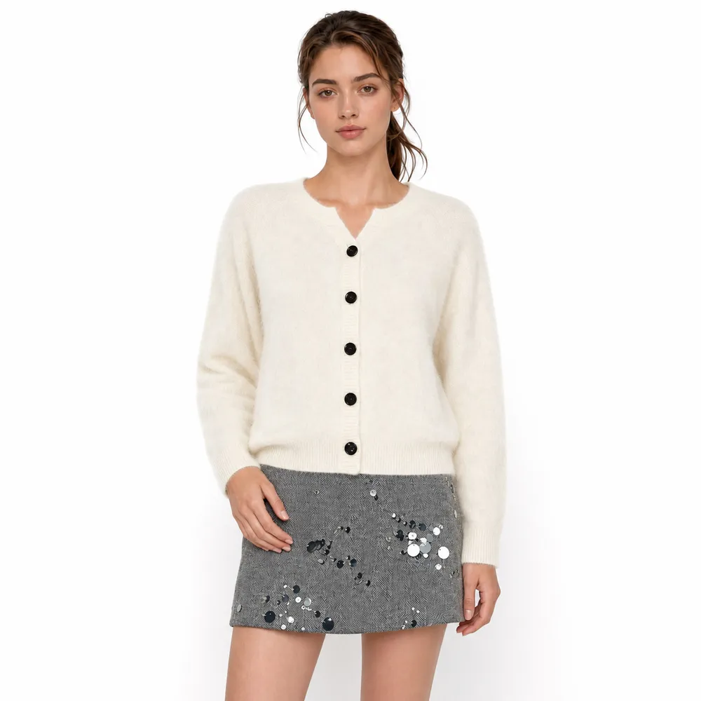Women's V Neck Fuzzy Knit Cardigan Button Front Long Sleeve Sweater