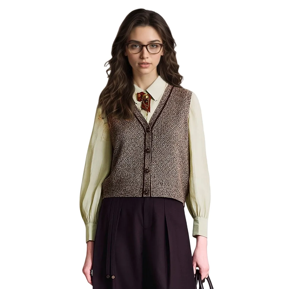 Women's Textured Knitwear V Neck Button Front Sleeveless Sweater Vest