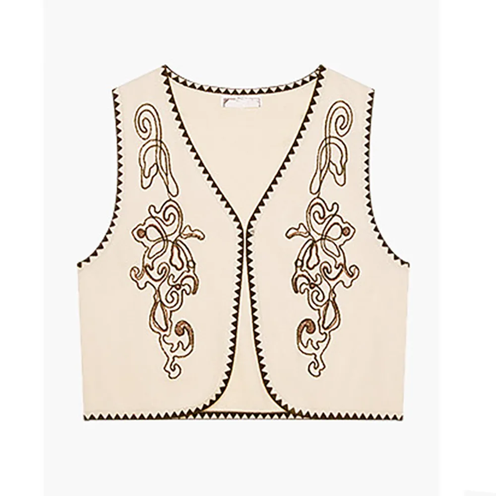 Women's Embroidered Knitwear V Neck Open Front Cropped Sweater Vest