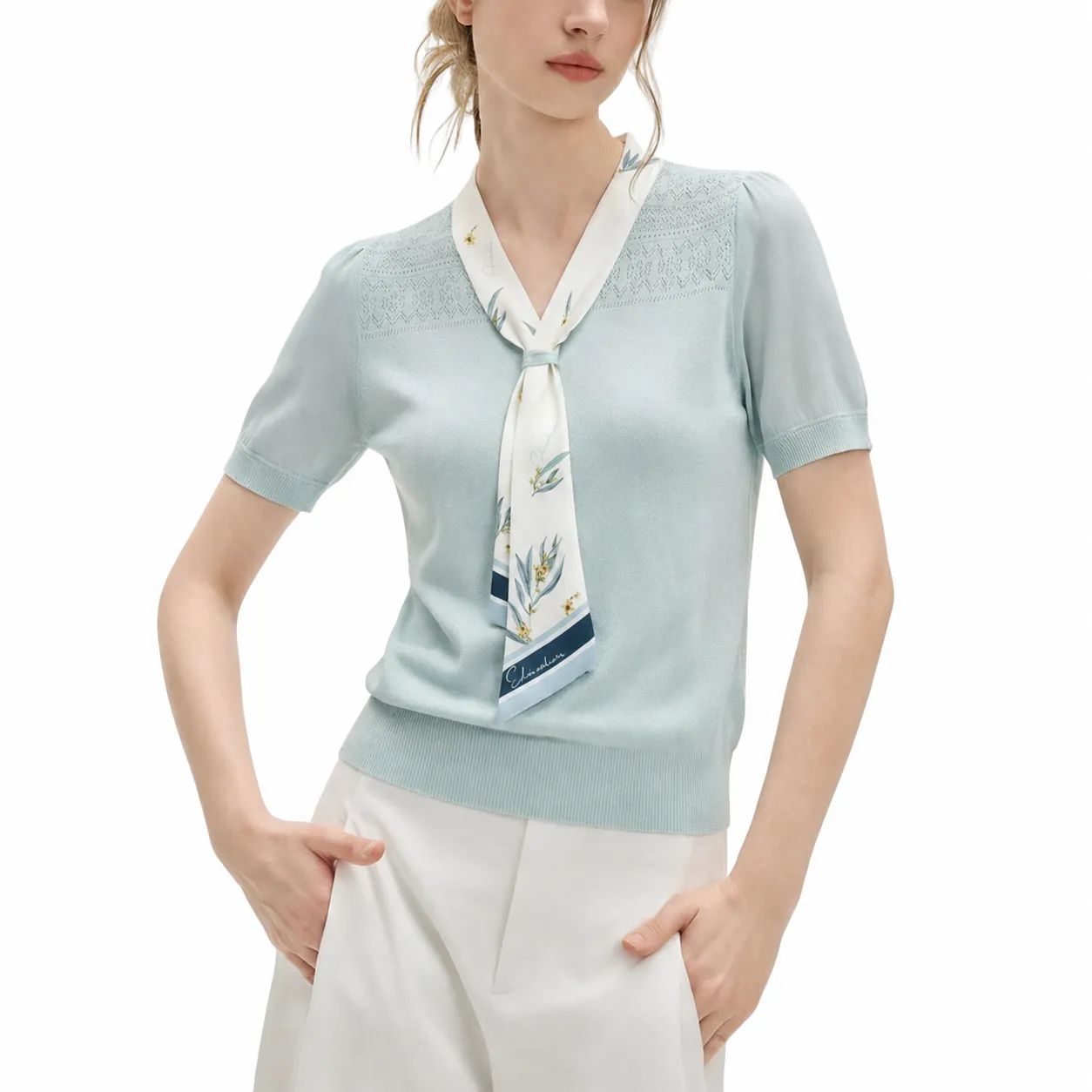 Source Factory Women Knitwear Scarf Neck Short Sleeve Pullover Sweater