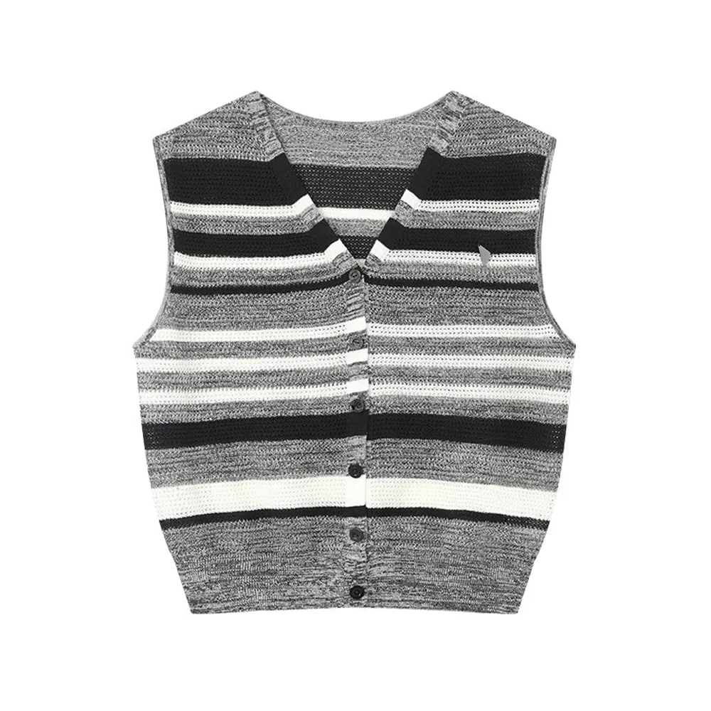 Private Label Women Knitwear Striped V Neck Button Sweater Vest