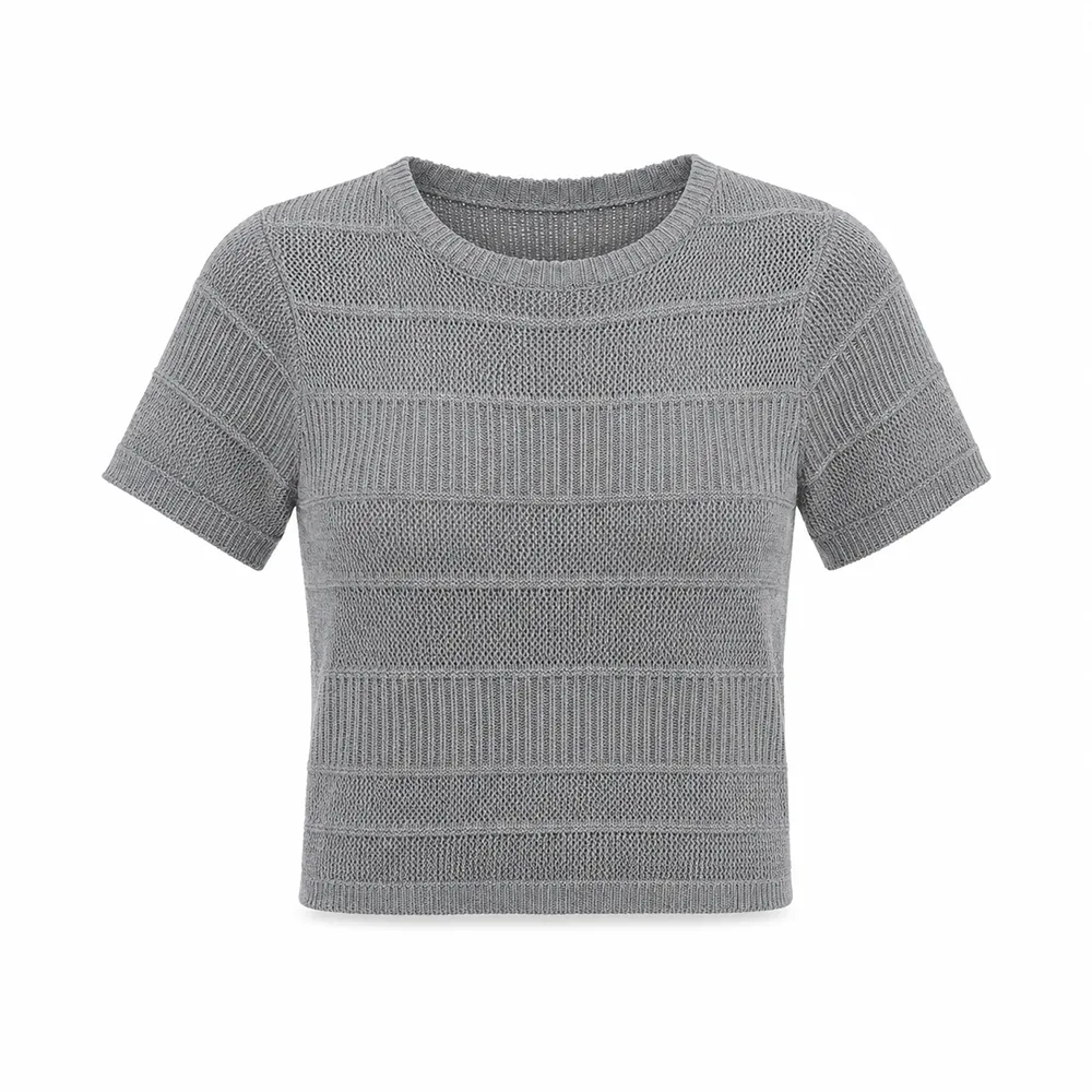 Factory Supply Women Knitwear Crew Neck Openwork Short Sleeve Sweater