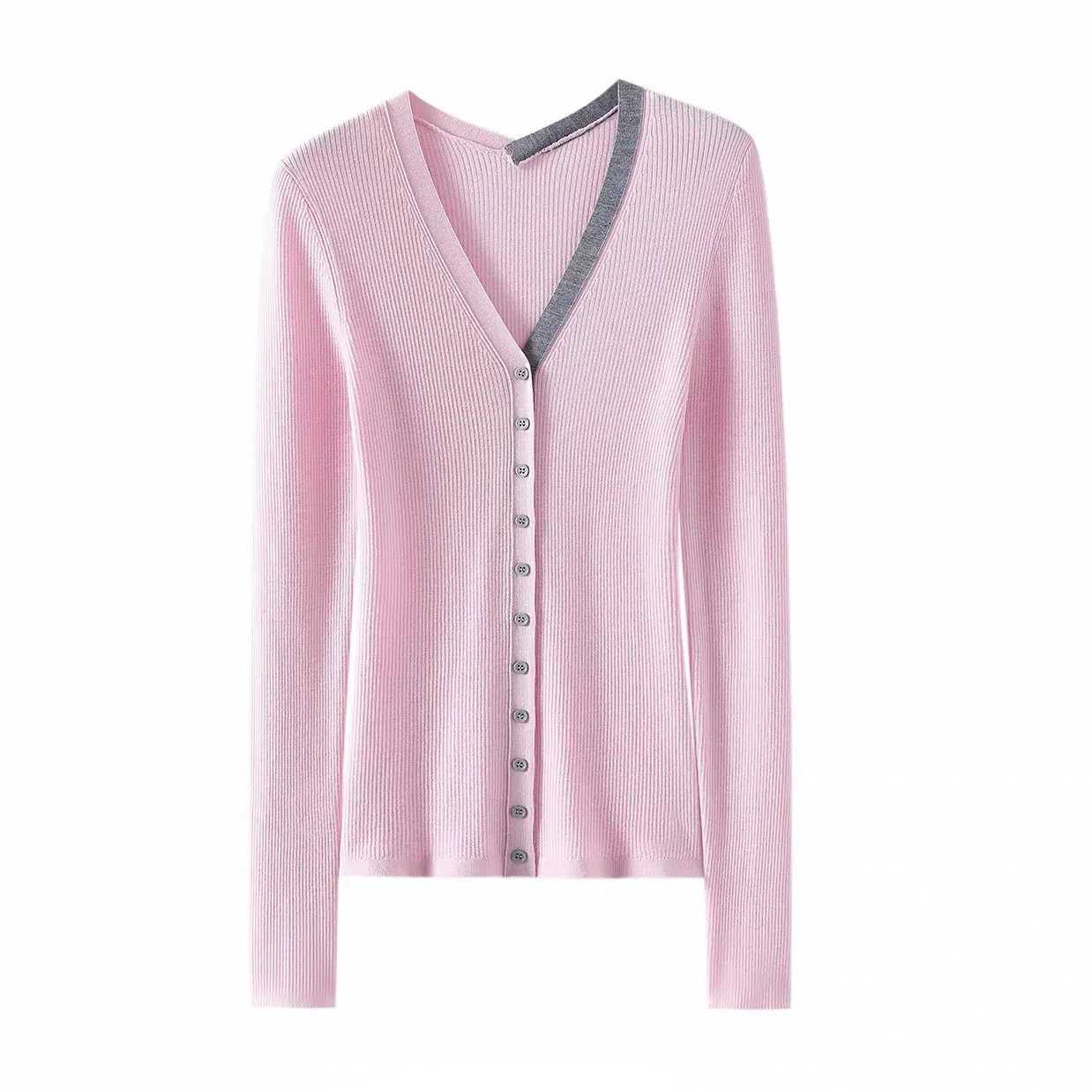 Ladies Ribbed Cardigan 6% Wool Sweater V Neck Long Sleeve Button Down Clothing