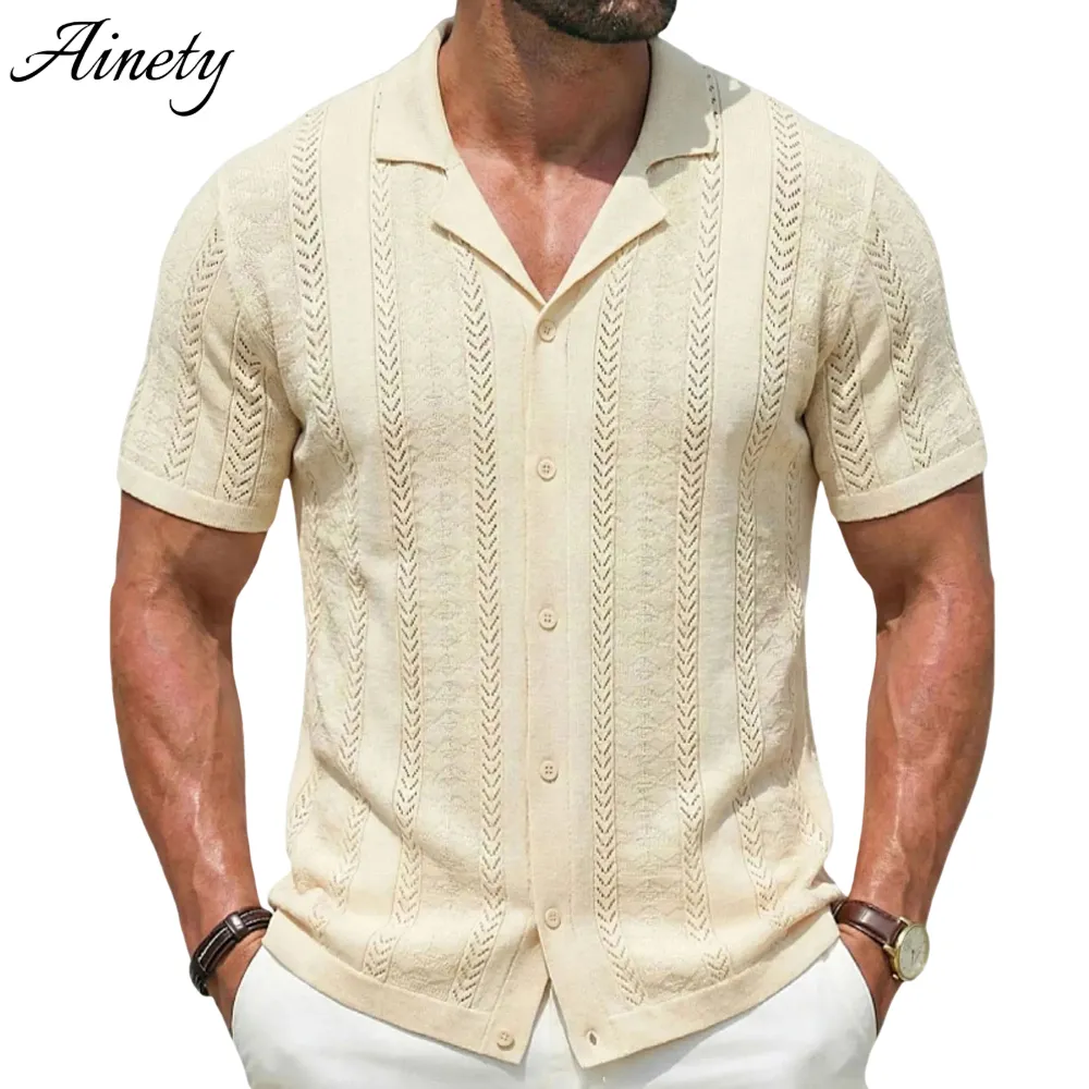 Cozy Men's Hollow Knitwear Short Sleeve Button Down Striped Shirt Apparel