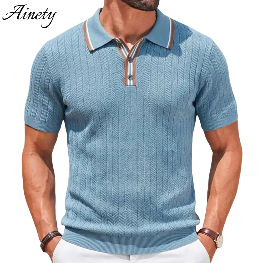 Premium Men's Textured Knitwear Polo Shirt Lightweight Short Sleeve Regular Fit Office Apparel