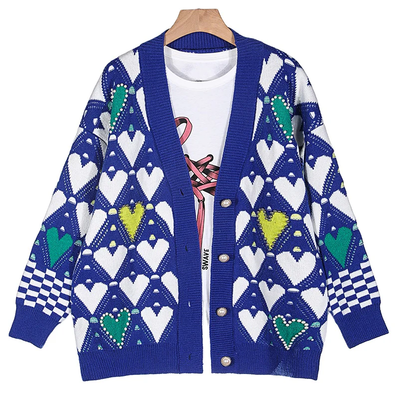 Custom Heart Cardigan Sweater Blue knitwear Women long winter Coat Maker